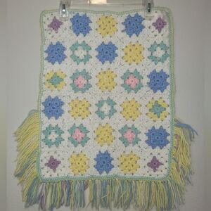 Vintage Handmade Crochet Baby Blanket with Fringe